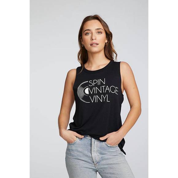 NEW CHASER spin vintage vinyl muscle tank in true black - Picture 3 of 3